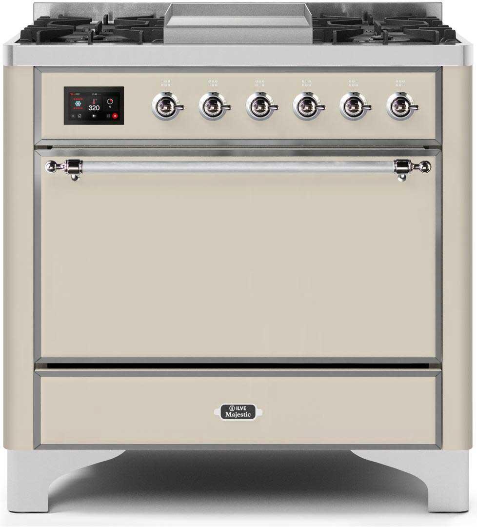 Ilve UM09FDQNS3AWC Majestic Ii 36 Inch Dual Fuel Natural Gas Freestanding Range In Antique White With Chrome Trim