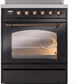 Ilve UPI304NMPBKB Nostalgie Ii 30 Inch Electric Freestanding Range In Glossy Black With Bronze Trim