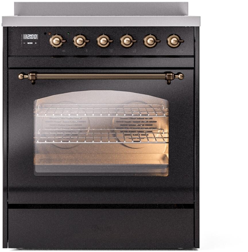 Ilve UPI304NMPBKB Nostalgie Ii 30 Inch Electric Freestanding Range In Glossy Black With Bronze Trim