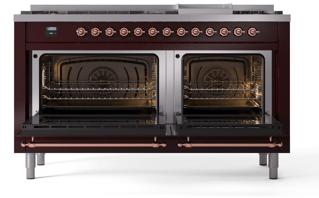 Ilve UP60FNMPBUPLP Nostalgie Ii 60 Inch Dual Fuel Liquid Propane Freestanding Range In Burgundy With Copper Trim