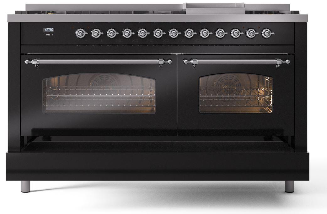 Ilve UP60FNMPBKCLP Nostalgie Ii 60 Inch Dual Fuel Liquid Propane Freestanding Range In Glossy Black With Chrome Trim