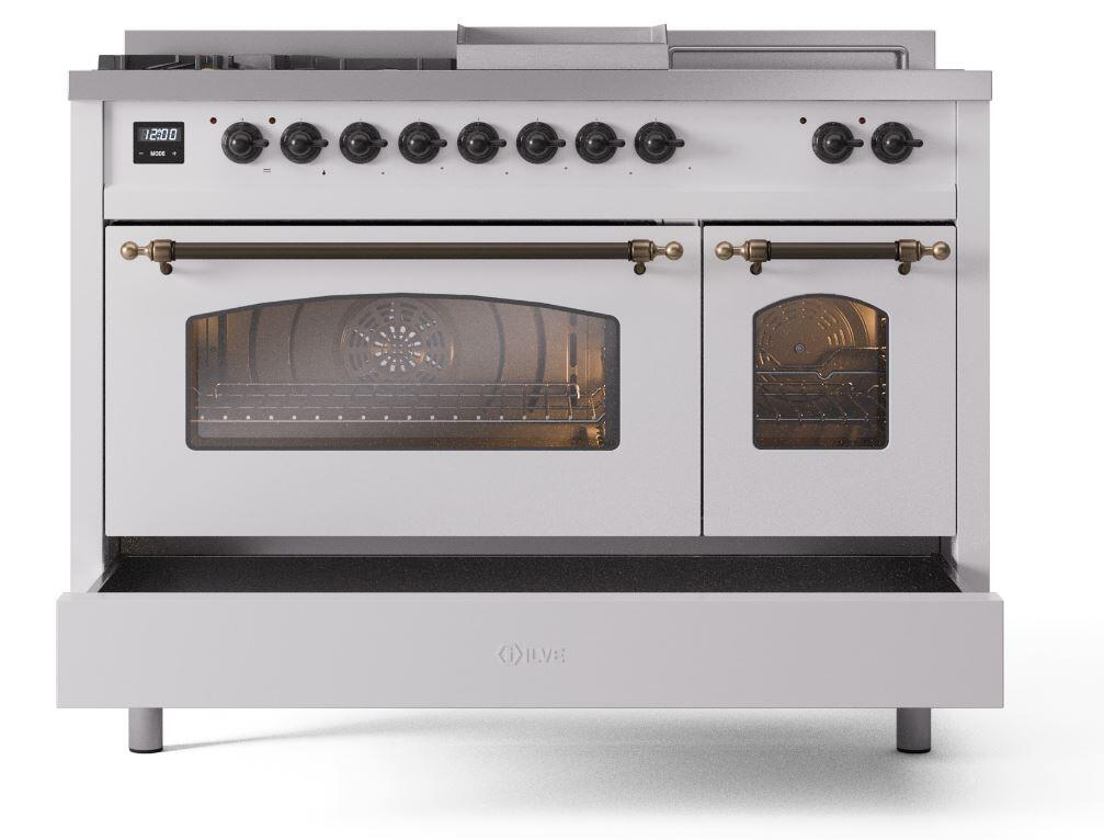 Ilve UP48FSNMPWHBLP Nostalgie Ii 48 Inch Dual Fuel Liquid Propane Freestanding Range In White With Bronze Trim