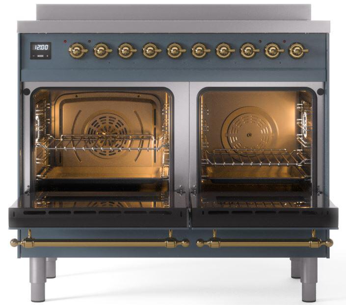 Ilve UPDI406NMPBGG Nostalgie Ii 40 Inch Electric Freestanding Range In Blue Grey With Brass Trim