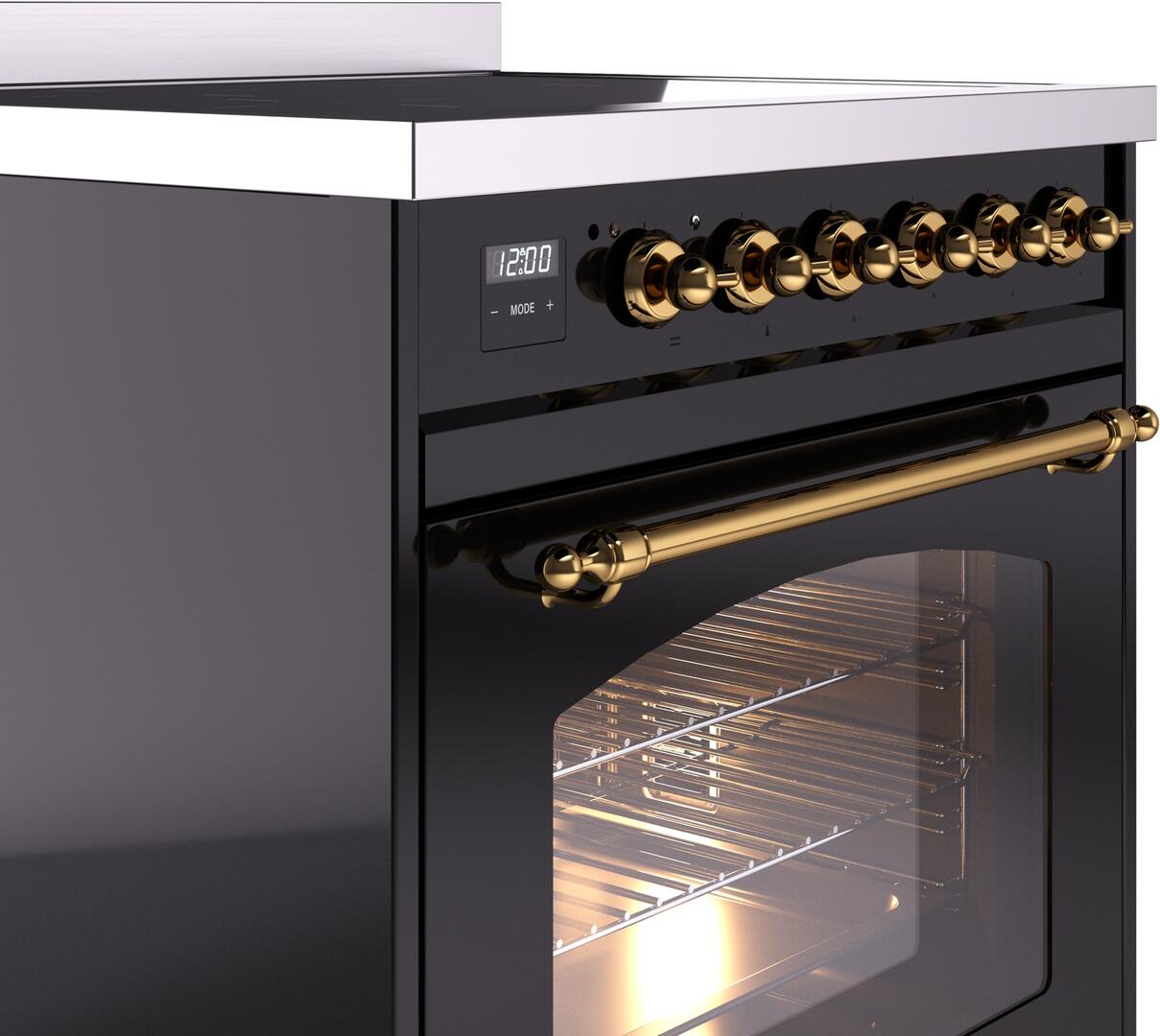 Ilve UPI304NMPBKG Nostalgie Ii 30 Inch Electric Freestanding Range In Glossy Black With Brass Trim