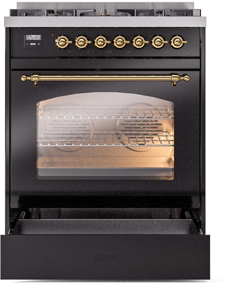 Ilve UP30NMPBKG Nostalgie Ii 30 Inch Dual Fuel Natural Gas Freestanding Range In Glossy Black With Brass Trim