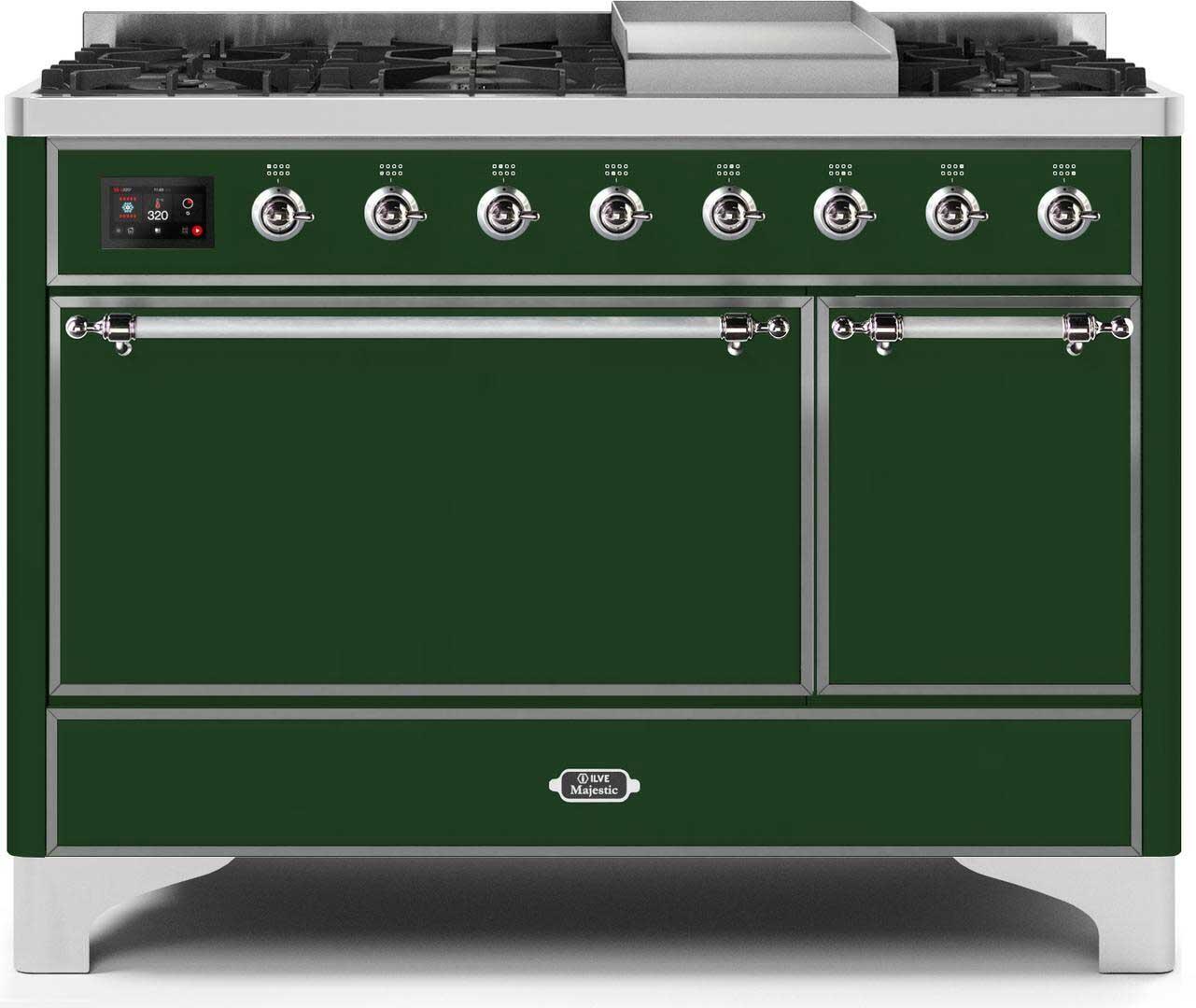 Ilve UM12FDQNS3EGC Majestic Ii 48 Inch Dual Fuel Natural Gas Freestanding Range In Emerald Green With Chrome Trim