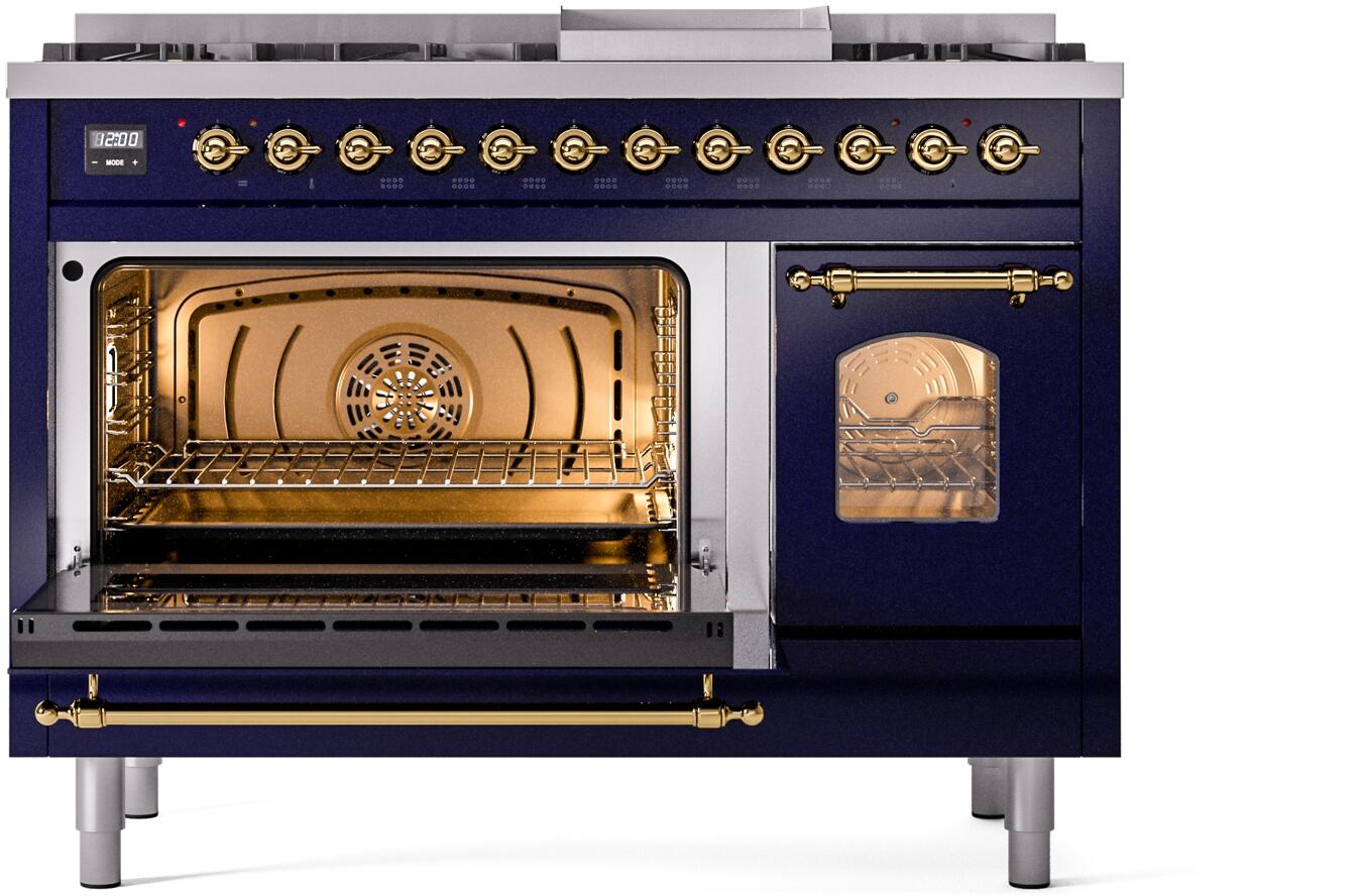 Ilve UP48FNMPMBG Nostalgie Ii 48 Inch Dual Fuel Natural Gas Freestanding Range In Blue With Brass Trim