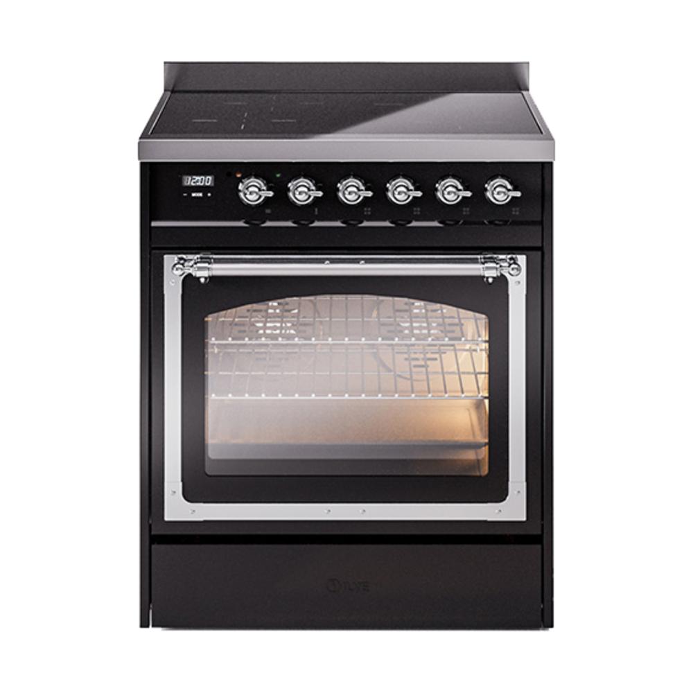 Ilve UNI304NMPBKC Ilve Uni304Nmpbkc Nostalgie Ii Noblesse 30" Induction Range (Triple Glass Door, Glossy Black, Chrome)