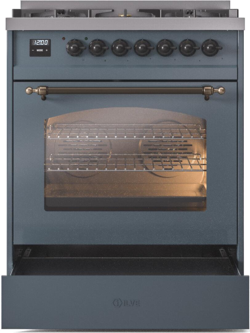 Ilve UP30NMPBGBLP Nostalgie Ii 30 Inch Dual Fuel Liquid Propane Freestanding Range In Blue Grey With Bronze Trim