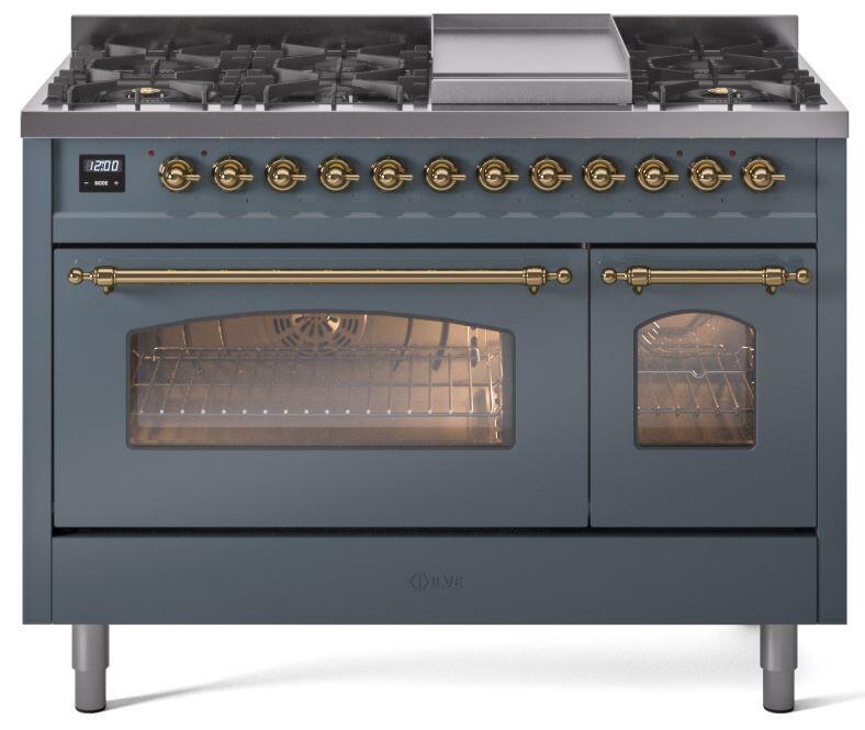 Ilve UP48FNMPBGG Nostalgie Ii 48 Inch Dual Fuel Natural Gas Freestanding Range In Blue Grey With Brass Trim