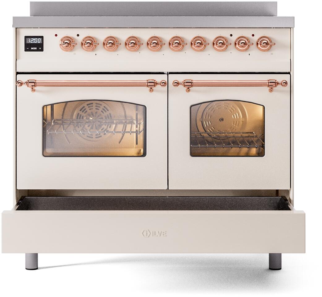 Ilve UPDI406NMPAWP Nostalgie Ii 40 Inch Electric Freestanding Range In Antique White With Copper Trim