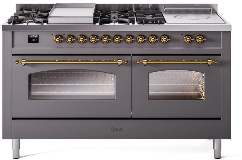 Ilve UP60FSNMPMGG Nostalgie Ii 60 Inch Dual Fuel Natural Gas Freestanding Range In Matte Graphite With Brass Trim