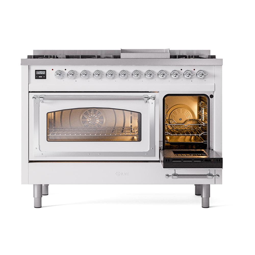 Ilve UN48FNMPWHCLP Ilve Un48Fnmpwhclp Nostalgie Ii Noblesse 48" Dual Fuel Range (8 Sealed Burners + Griddle, Liquid Propane, Triple Glass Door, White, Chrome)