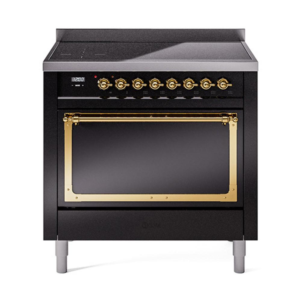 Ilve UNI366QNMPBKG Ilve Uni366Qnmpbkg Nostalgie Ii Noblesse 36" Induction Range (Solid Door, Glossy Black, Brass)