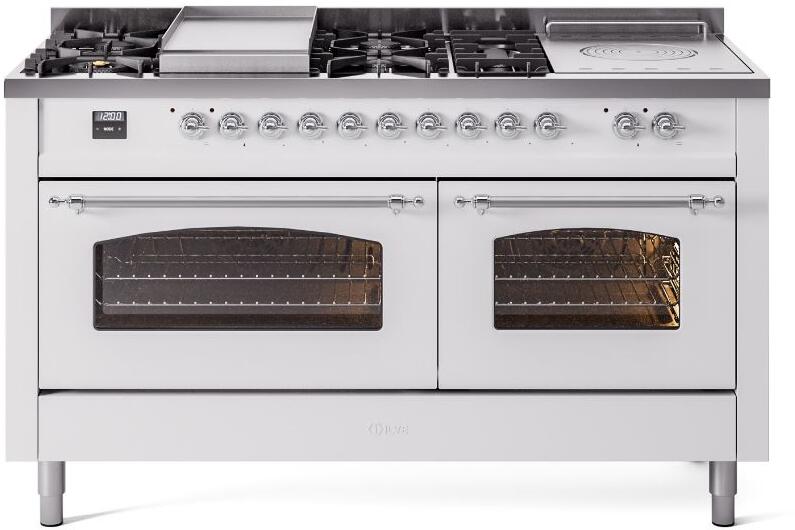 Ilve UP60FSNMPWHC Nostalgie Ii 60 Inch Dual Fuel Natural Gas Freestanding Range In White With Chrome Trim