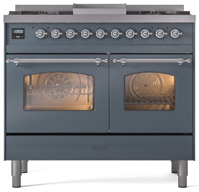 Ilve UPD40FNMPBGC Nostalgie Ii 40 Inch Dual Fuel Natural Gas Freestanding Range In Blue Grey With Chrome Trim