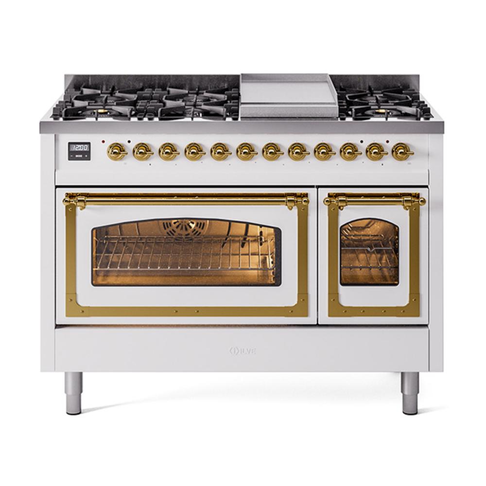 Ilve UN48FNMPWHG Ilve Un48Fnmpwhg Nostalgie Ii Noblesse 48" Dual Fuel Range (8 Sealed Burners + Griddle, Natural Gas, Triple Glass Door, White, Brass)