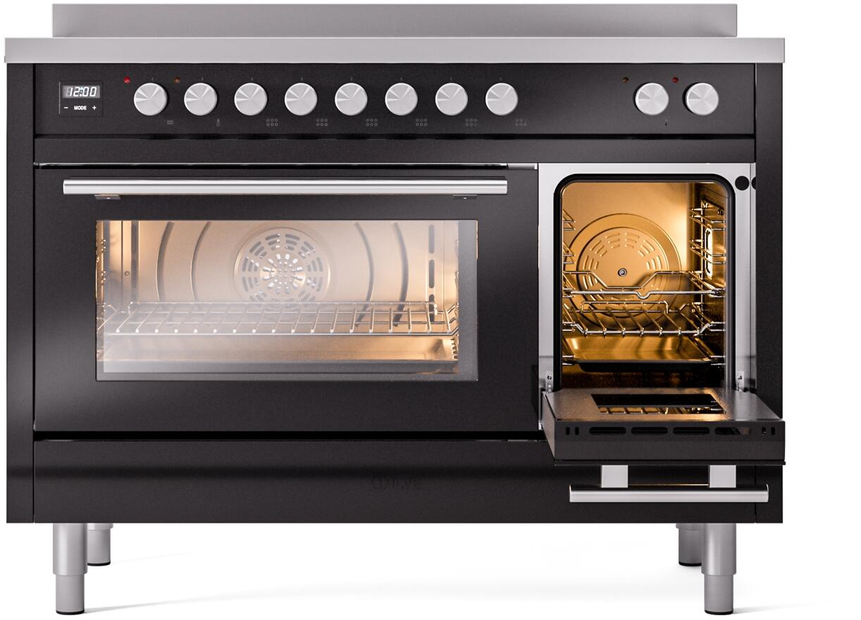 Ilve UPI486WMPBK Professional Plus Ii 48 Inch Electric Freestanding Range In Glossy Black With Trim