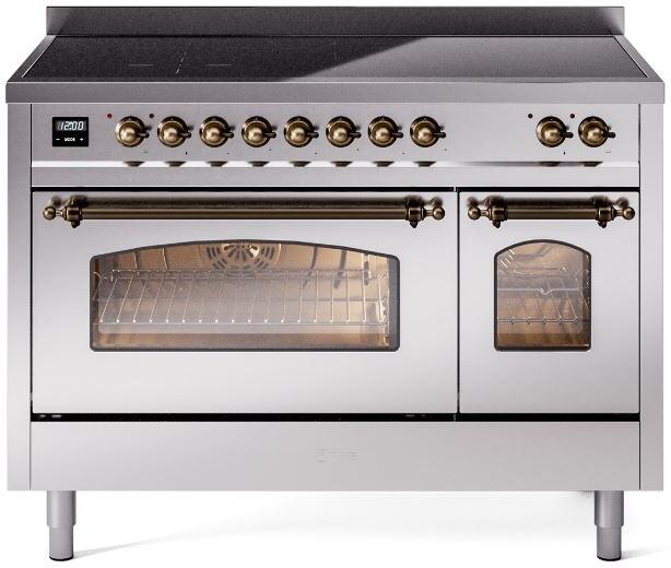 Ilve UPI486NMPSSB Nostalgie Ii 48 Inch Electric Freestanding Range In Stainless Steel With Bronze Trim