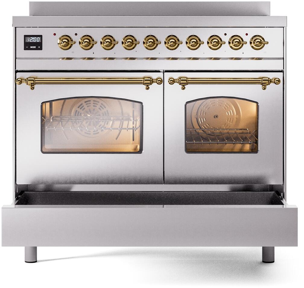 Ilve UPDI406NMPSSG Nostalgie Ii 40 Inch Electric Freestanding Range In Stainless Steel With Brass Trim