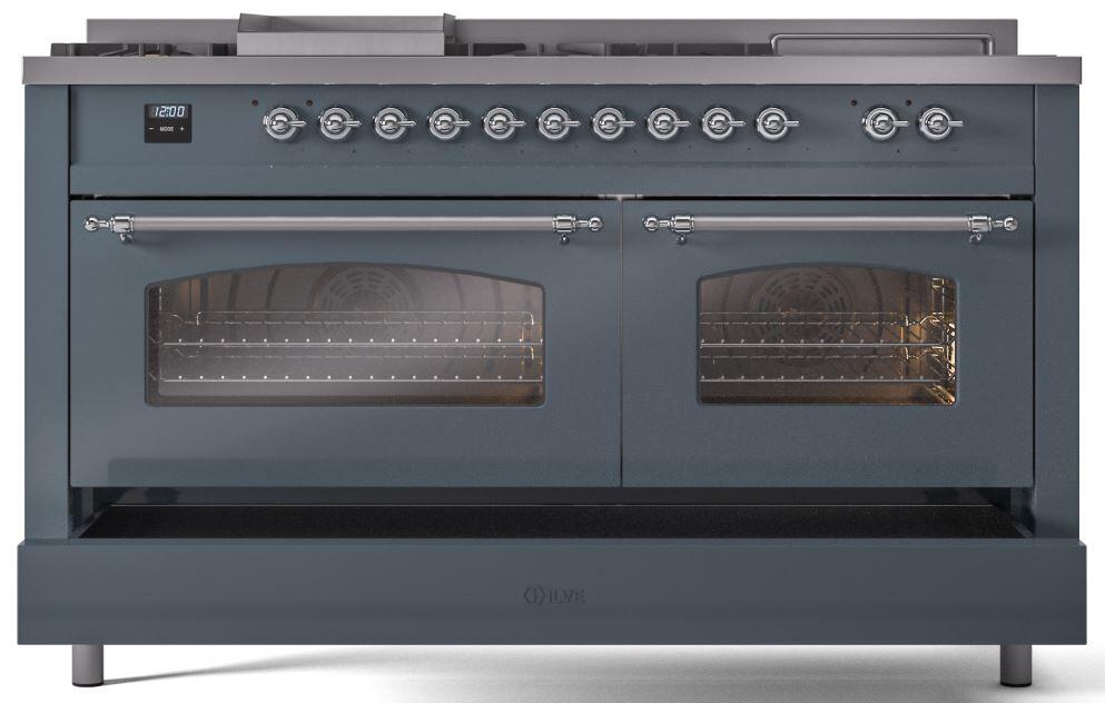 Ilve UP60FSNMPBGC Nostalgie Ii 60 Inch Dual Fuel Natural Gas Freestanding Range In Blue Grey With Chrome Trim