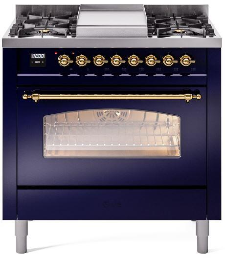 Ilve UP36FNMPMBG Nostalgie Ii 36 Inch Dual Fuel Natural Gas Freestanding Range In Blue With Brass Trim