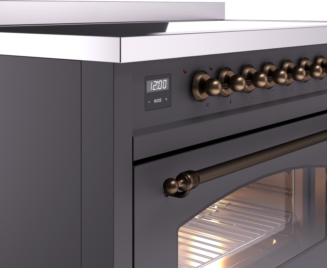 Ilve UPI486NMPMGB Nostalgie Ii 48 Inch Electric Freestanding Range In Matte Graphite With Bronze Trim