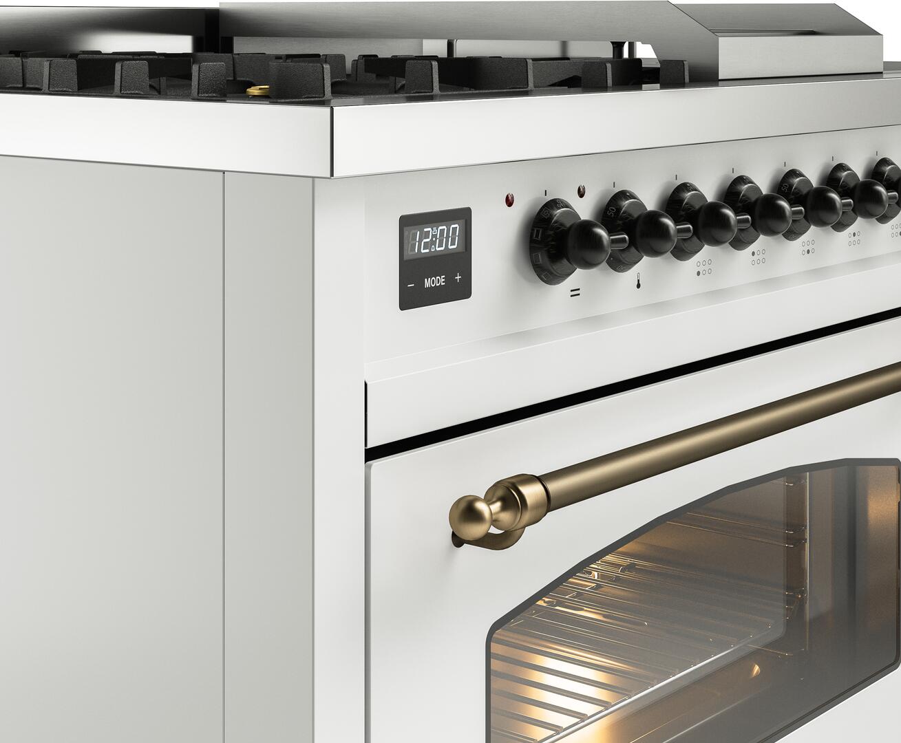 Ilve UP48FSNMPWHB Nostalgie Ii 48 Inch Dual Fuel Natural Gas Freestanding Range In White With Bronze Trim