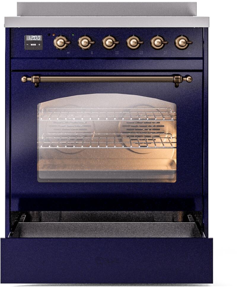 Ilve UPI304NMPMBB Nostalgie Ii 30 Inch Electric Freestanding Range In Blue With Bronze Trim