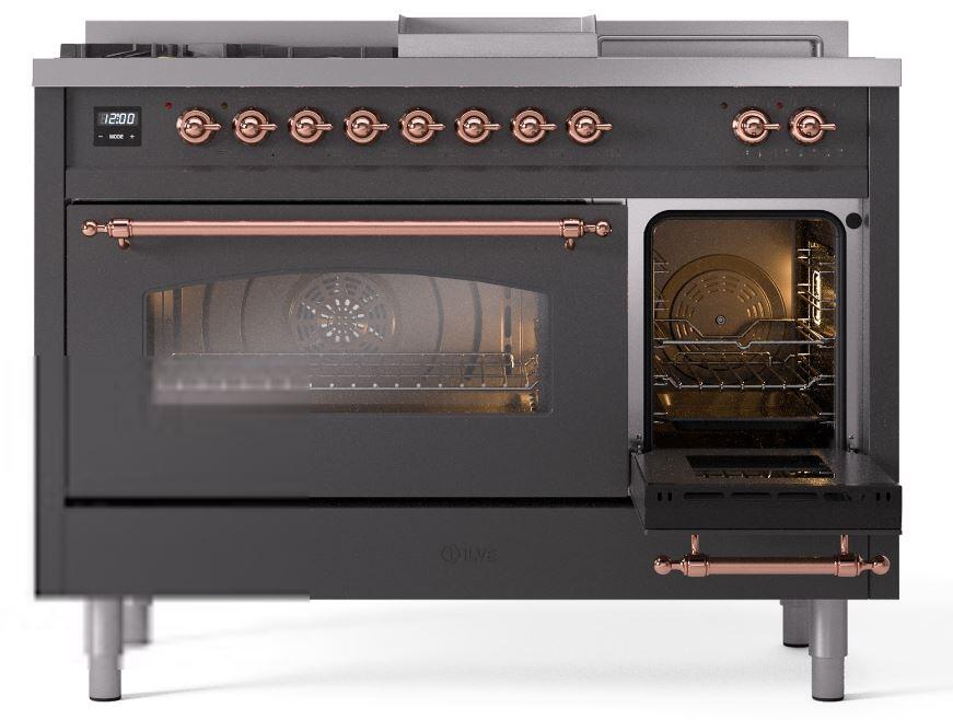 Ilve UP48FSNMPMGPLP Nostalgie Ii 48 Inch Dual Fuel Liquid Propane Freestanding Range In Matte Graphite With Copper Trim