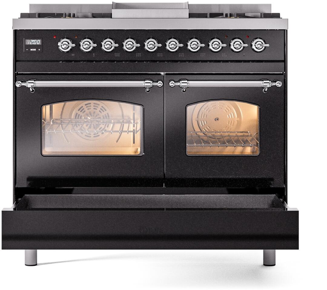 Ilve UPD40FNMPBKCLP Nostalgie Ii 40 Inch Dual Fuel Liquid Propane Freestanding Range In Glossy Black With Chrome Trim