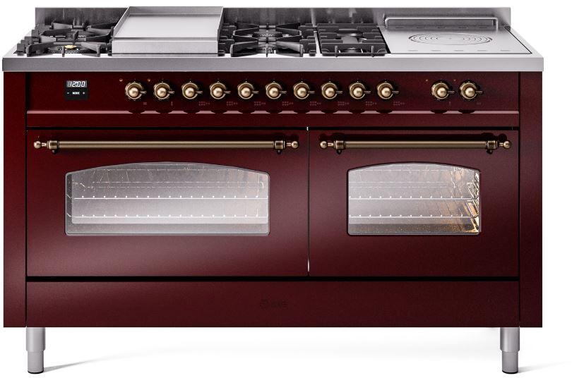 Ilve UP60FSNMPBUBLP Nostalgie Ii 60 Inch Dual Fuel Liquid Propane Freestanding Range In Burgundy With Bronze Trim