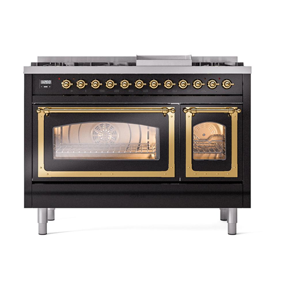 Ilve UN48FNMPBKG Ilve Un48Fnmpbkg Nostalgie Ii Noblesse 48" Dual Fuel Range (8 Sealed Burners + Griddle, Natural Gas, Triple Glass Door, Glossy Black, Brass)