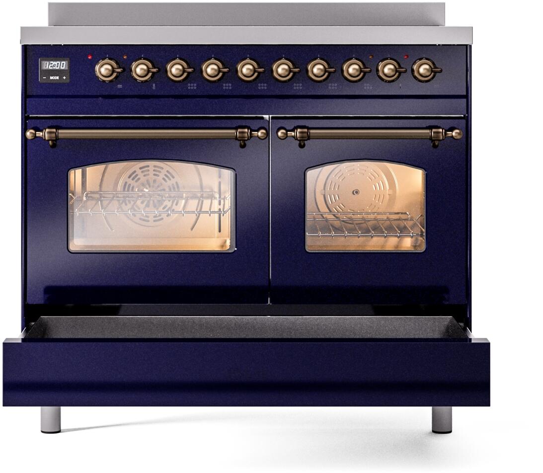 Ilve UPDI406NMPMBB Nostalgie Ii 40 Inch Electric Freestanding Range In Blue With Bronze Trim