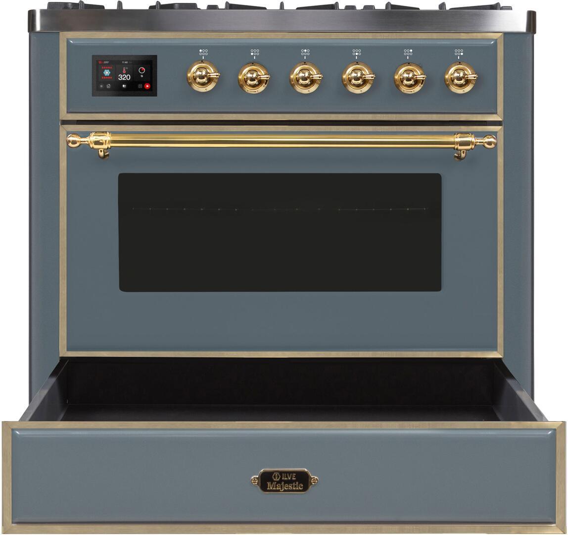 Ilve UM09FDNS3BGG Majestic Ii 36 Inch Dual Fuel Natural Gas Freestanding Range In Blue Grey With Brass Trim