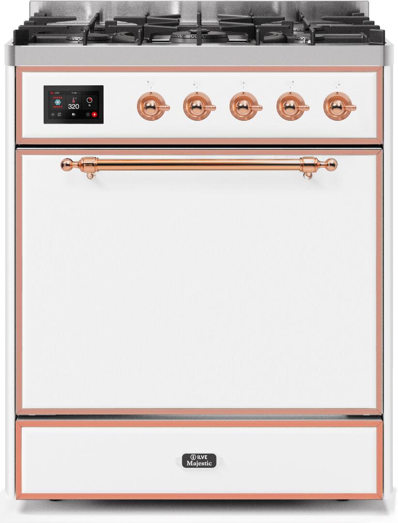 Ilve UM30DQNE3WHPLP Majestic Ii 30 Inch Dual Fuel Liquid Propane Freestanding Range In White With Copper Trim