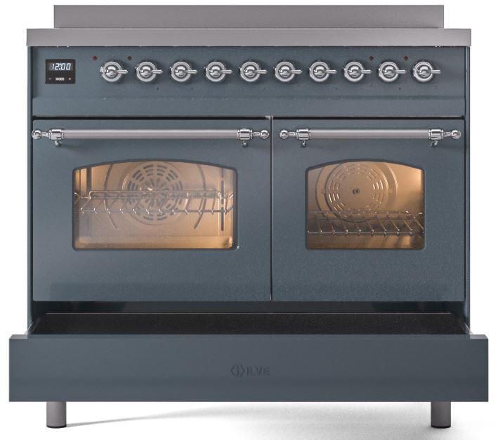 Ilve UPDI406NMPBGC Nostalgie Ii 40 Inch Electric Freestanding Range In Blue Grey With Chrome Trim