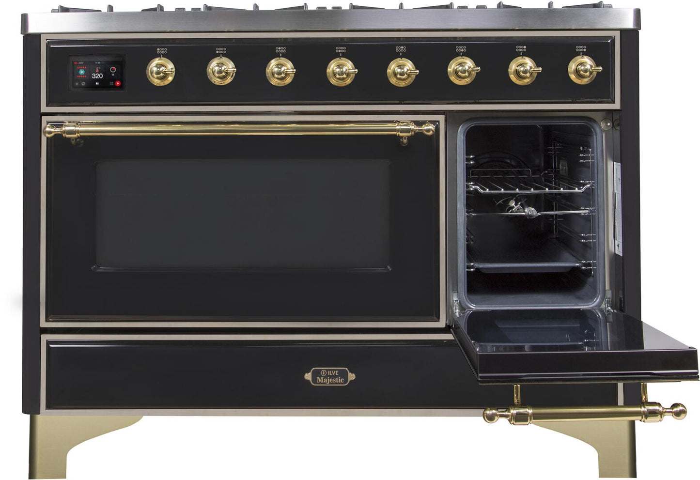 Ilve UM12FDNS3BKGLP Majestic Ii 48 Inch Dual Fuel Liquid Propane Freestanding Range In Glossy Black With Brass Trim