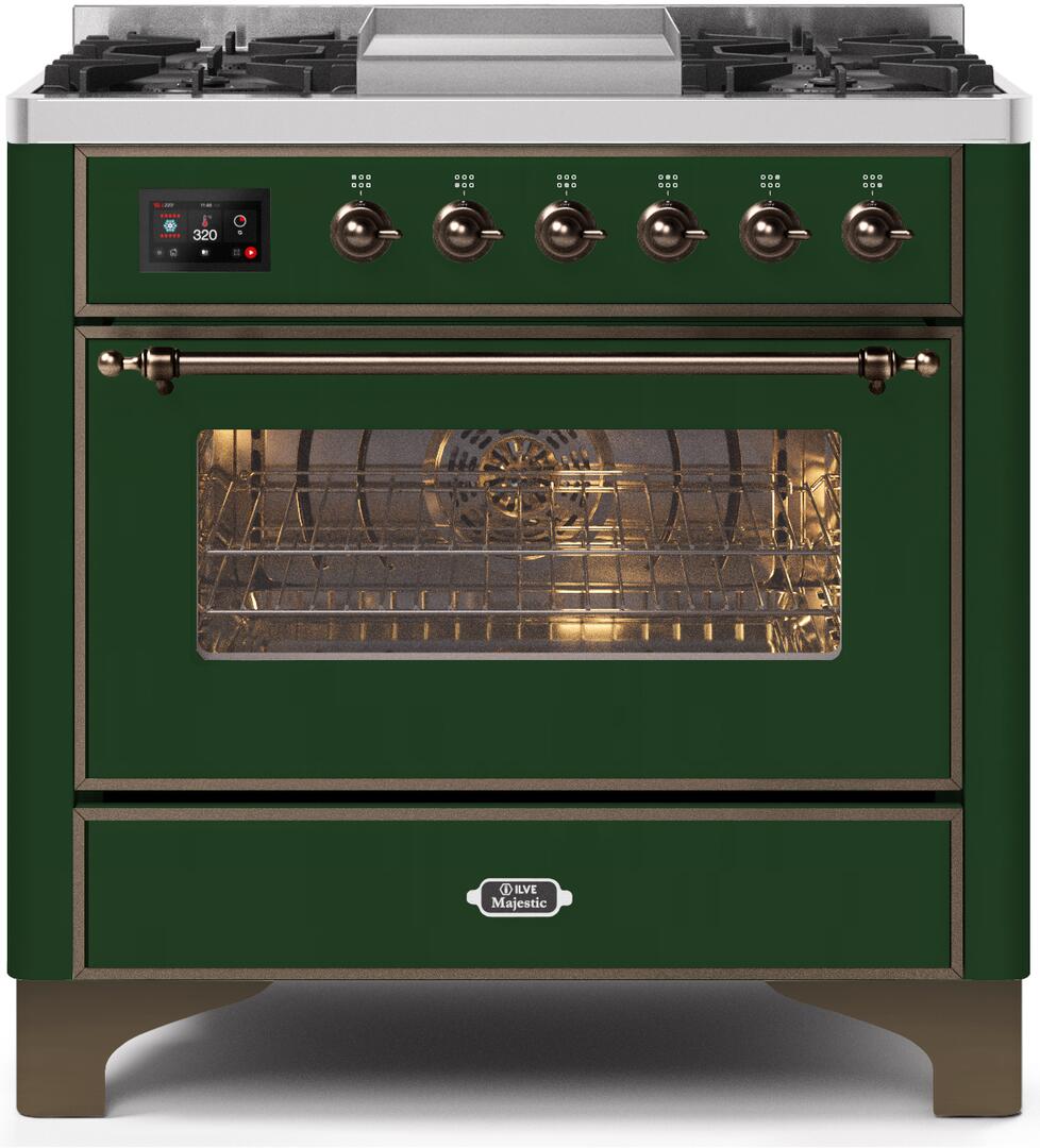 Ilve UM09FDNS3EGB Majestic Ii 36 Inch Dual Fuel Natural Gas Freestanding Range In Emerald Green With Bronze Trim