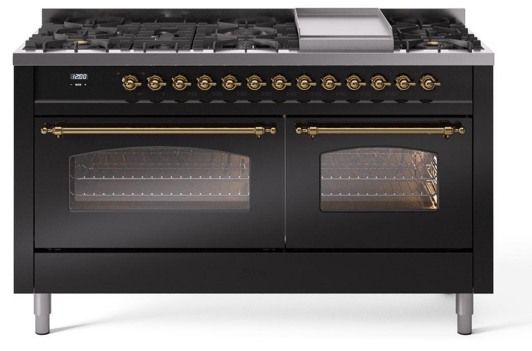 Ilve UP60FNMPBKGLP Nostalgie Ii 60 Inch Dual Fuel Liquid Propane Freestanding Range In Glossy Black With Brass Trim