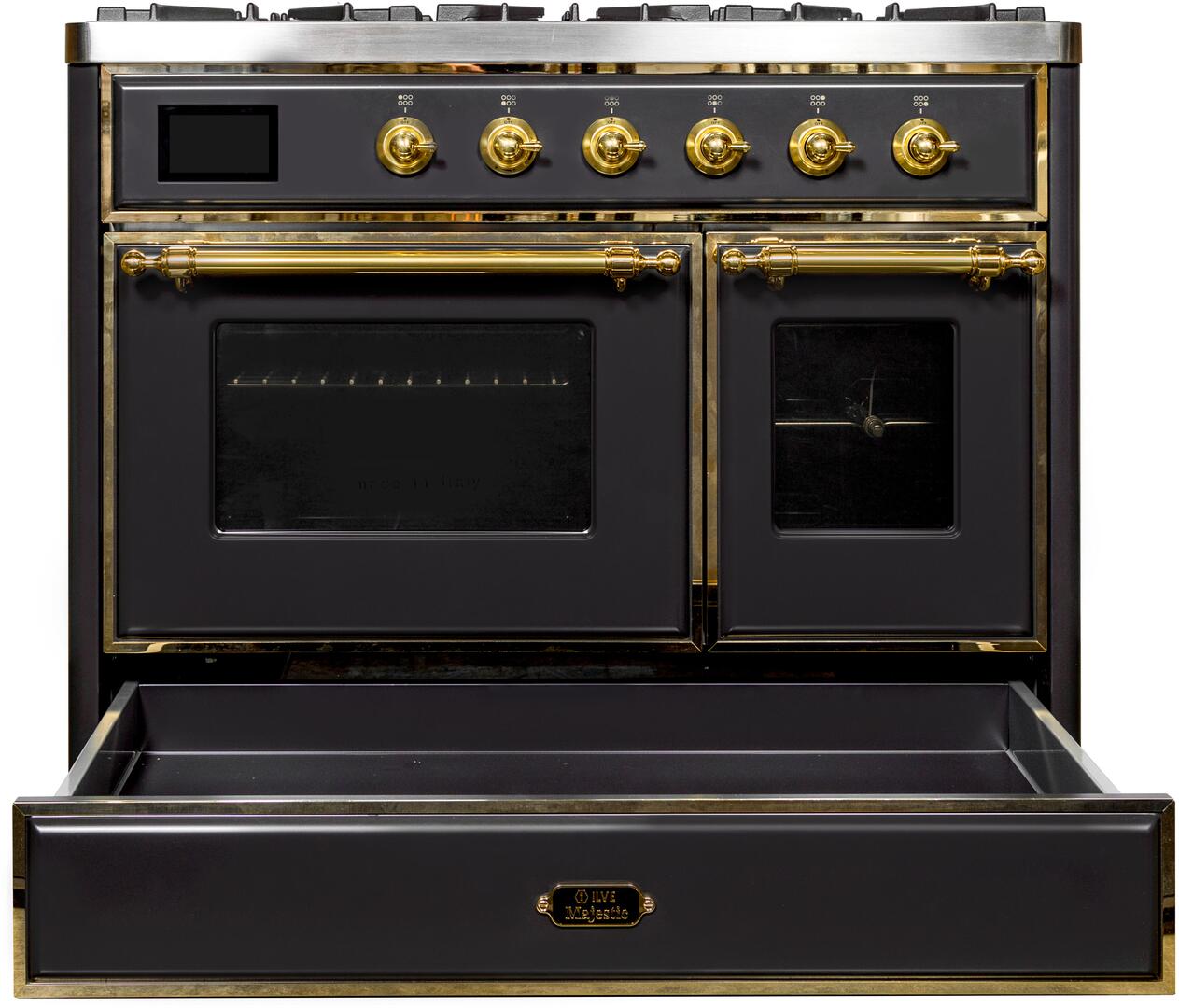 Ilve UMD10FDNS3MGGLP Majestic Ii 40 Inch Dual Fuel Liquid Propane Freestanding Range In Matte Graphite With Brass Trim