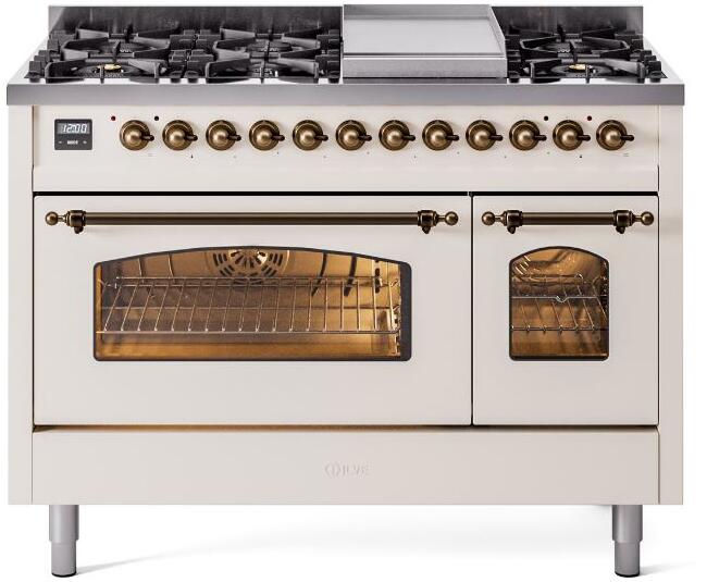 Ilve UP48FNMPAWBLP Nostalgie Ii 48 Inch Dual Fuel Liquid Propane Freestanding Range In Antique White With Bronze Trim