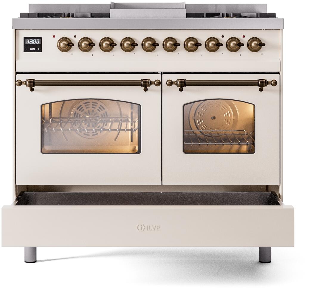 Ilve UPD40FNMPAWBLP Nostalgie Ii 40 Inch Dual Fuel Liquid Propane Freestanding Range In Antique White With Bronze Trim