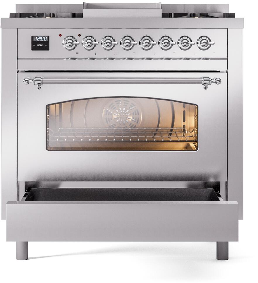 Ilve UP36FNMPSSC Nostalgie Ii 36 Inch Dual Fuel Natural Gas Freestanding Range In Stainless Steel With Chrome Trim