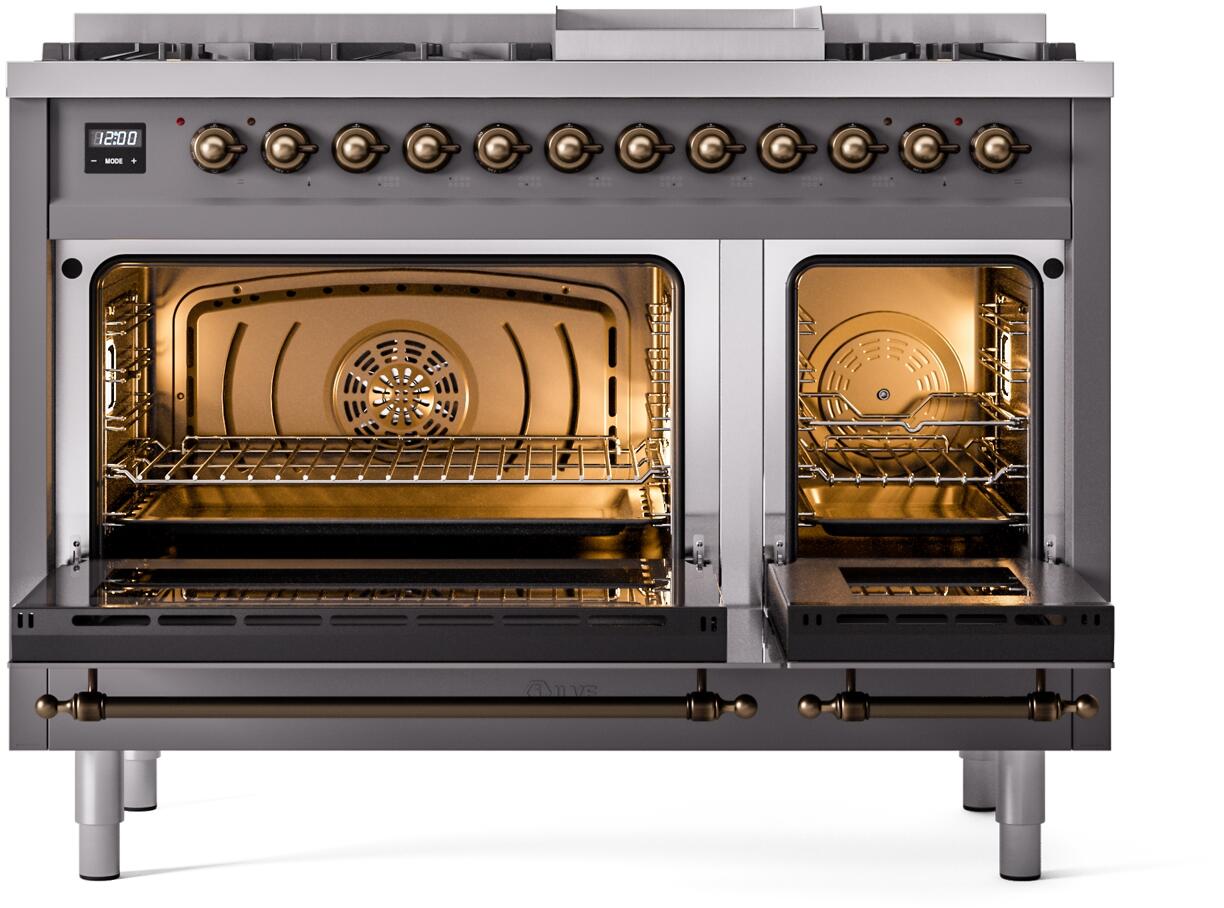 Ilve UP48FNMPMGB Nostalgie Ii 48 Inch Dual Fuel Natural Gas Freestanding Range In Matte Graphite With Bronze Trim