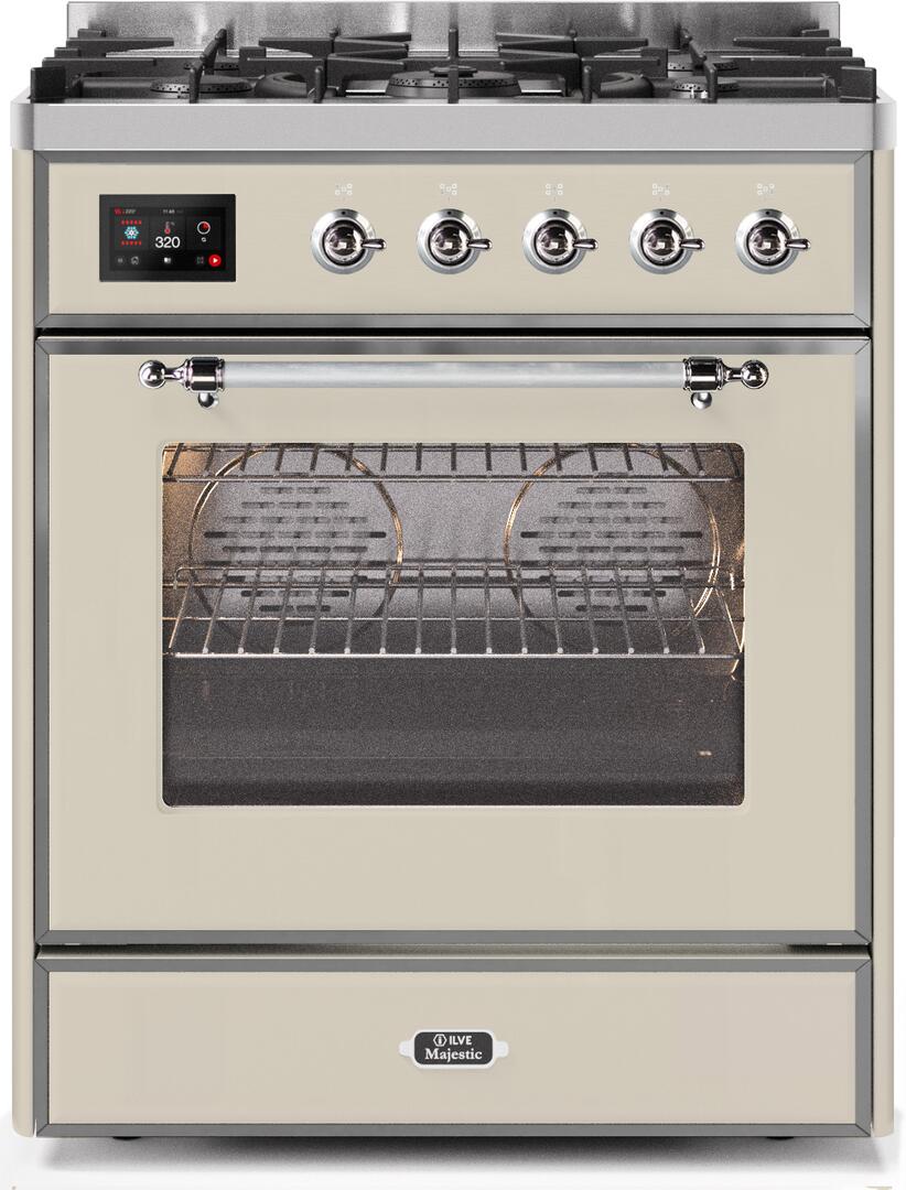 Ilve UM30DNE3AWCLP Majestic Ii 30 Inch Dual Fuel Liquid Propane Freestanding Range In Antique White With Chrome Trim