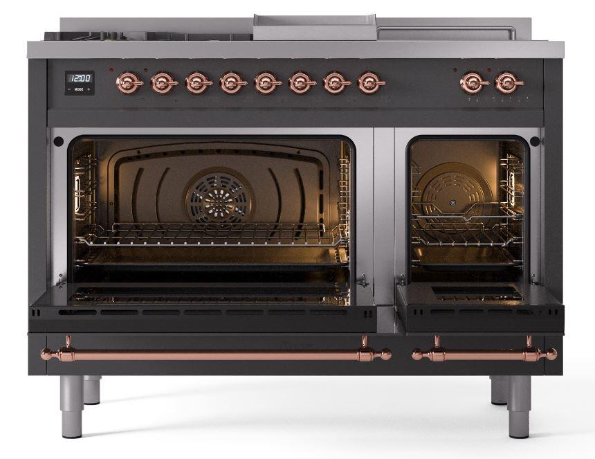 Ilve UP48FSNMPMGP Nostalgie Ii 48 Inch Dual Fuel Natural Gas Freestanding Range In Matte Graphite With Copper Trim