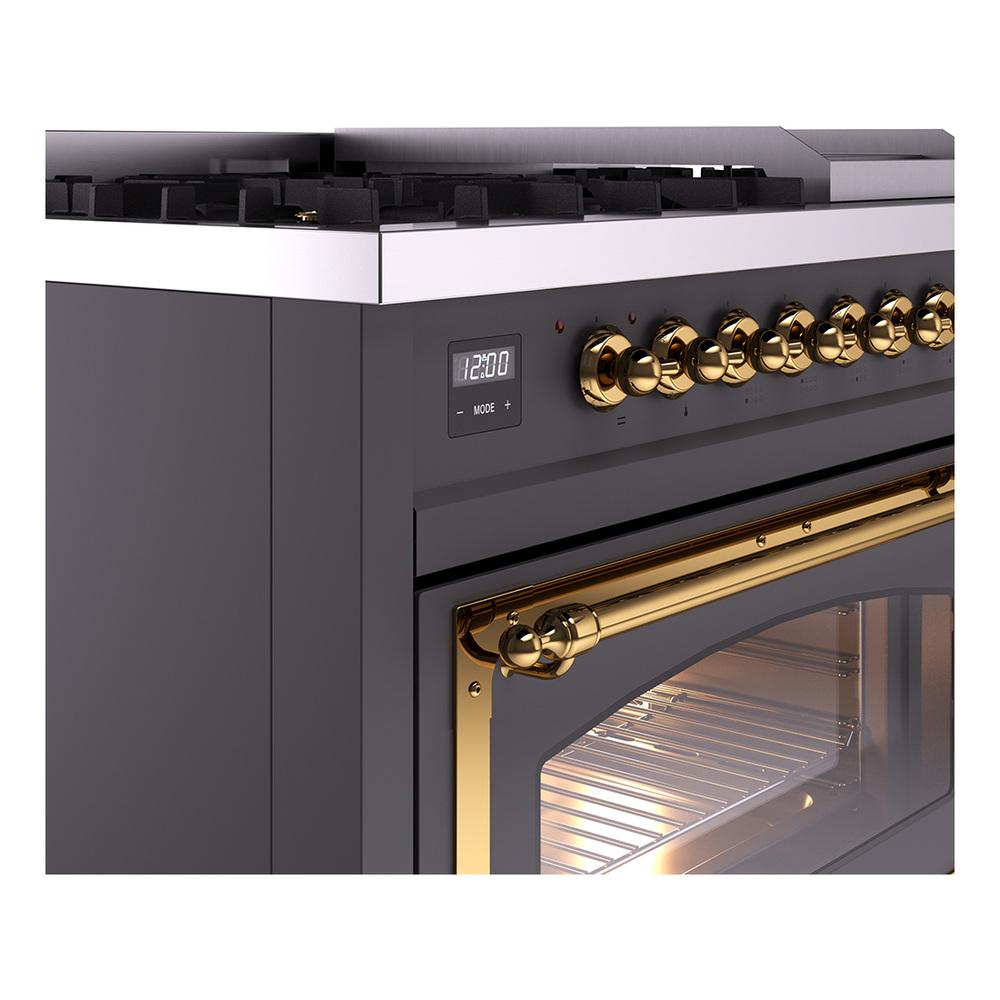 Ilve UN48FNMPMGG Ilve Un48Fnmpmgg Nostalgie Ii Noblesse 48" Dual Fuel Range (8 Sealed Burners + Griddle, Natural Gas, Triple Glass Door, Graphite Matte, Brass)