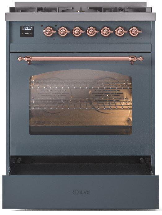 Ilve UP30NMPBGPLP Nostalgie Ii 30 Inch Dual Fuel Liquid Propane Freestanding Range In Blue Grey With Copper Trim