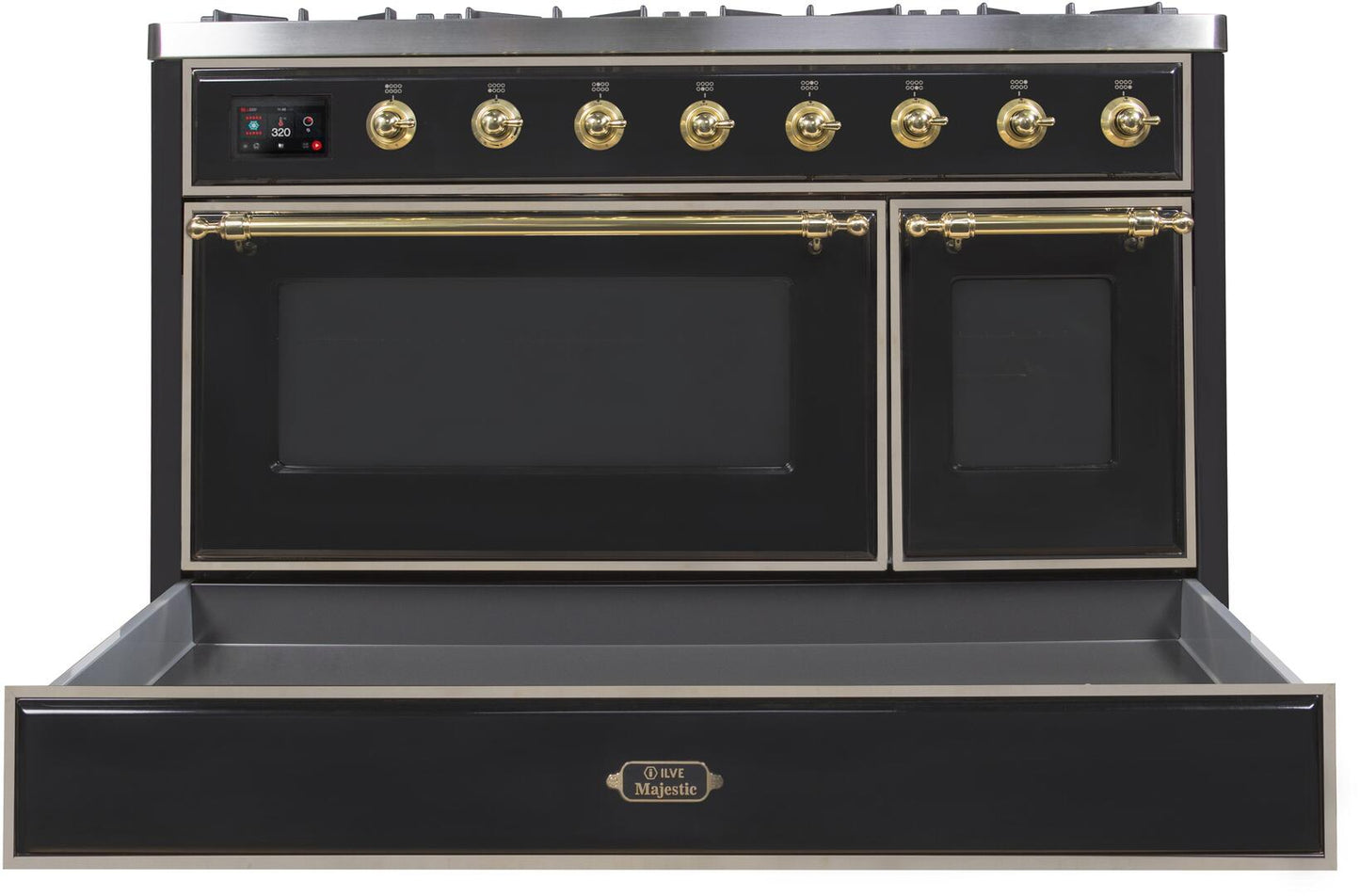 Ilve UM12FDNS3BKGLP Majestic Ii 48 Inch Dual Fuel Liquid Propane Freestanding Range In Glossy Black With Brass Trim